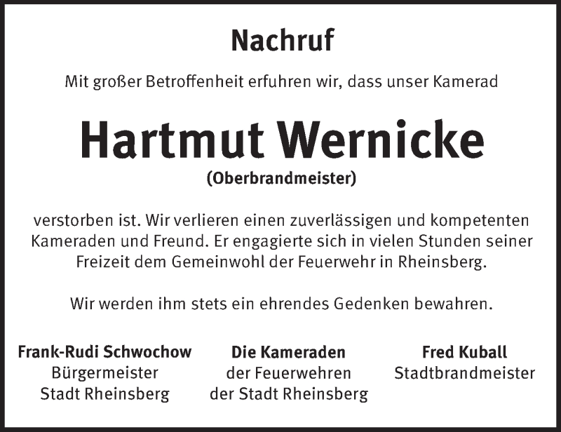  Traueranzeige für Hartmut Wernicke vom 15.08.2020 aus Märkische Oderzeitung
