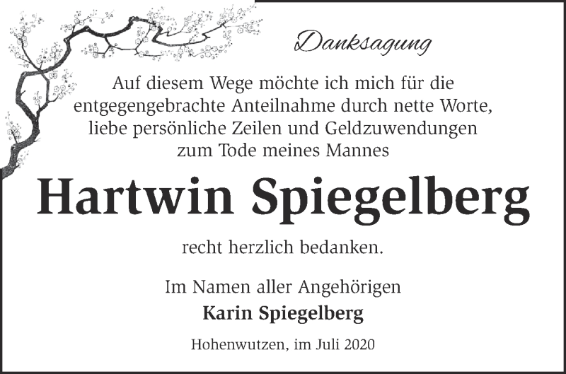  Traueranzeige für Hartwin Spiegelberg vom 09.08.2020 aus Märkische Oderzeitung
