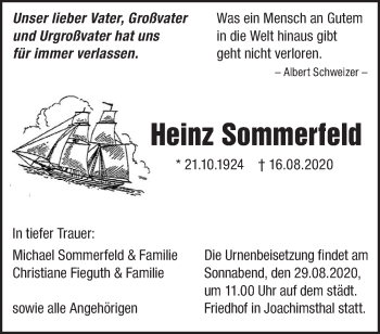 Traueranzeige von Heinz Sommerfeld von Märkische Oderzeitung