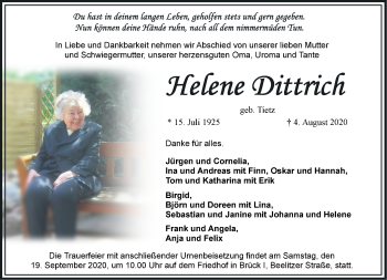 Traueranzeige von Helene Dittrich von Märkische Oderzeitung