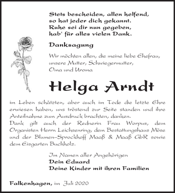 Traueranzeige von Helga Arndt von Märkische Oderzeitung