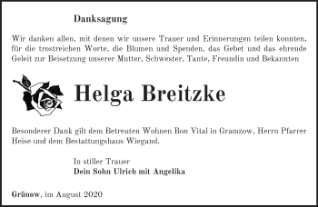 Traueranzeige von Helga Breitzke von Märkische Oderzeitung