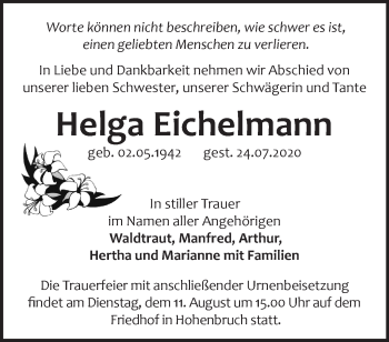 Traueranzeige von Helga Eichelmann von Märkische Oderzeitung