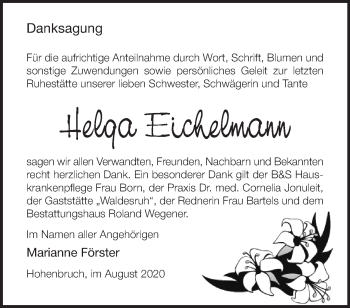 Traueranzeige von Helga Eichelmann von Märkische Oderzeitung