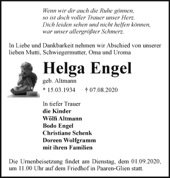 Traueranzeige von Helga Engel von Märkische Oderzeitung