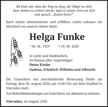 Traueranzeige von Helga Funke von Märkische Oderzeitung