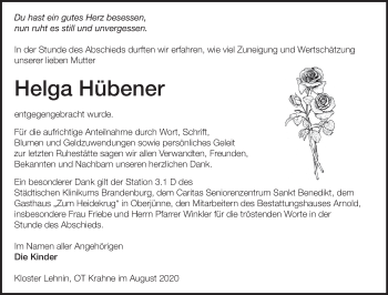 Traueranzeige von Helga Hübener von Märkische Oderzeitung