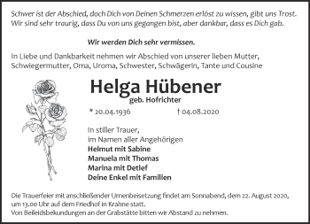 Traueranzeige von Helga Hübener von Märkische Oderzeitung