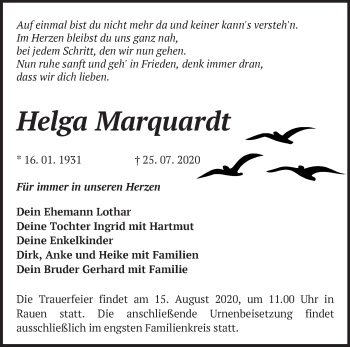 Traueranzeige von Helga Marquardt von Märkische Oderzeitung