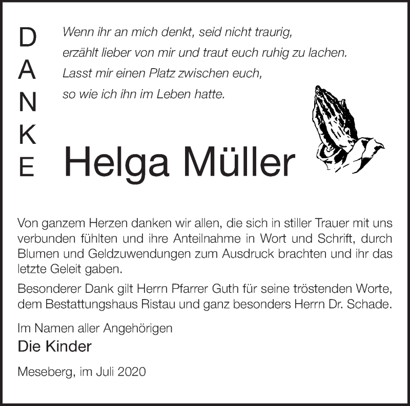  Traueranzeige für Helga Müller vom 01.08.2020 aus Märkische Oderzeitung