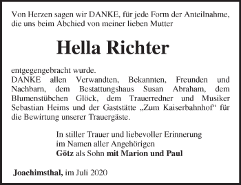 Traueranzeige von Hella Richter von Märkische Oderzeitung