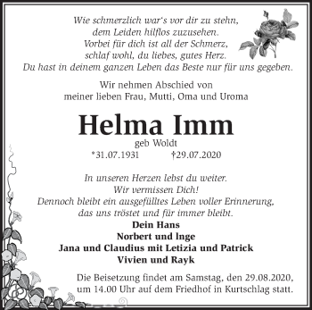 Traueranzeige von Helma Imm von Märkische Oderzeitung