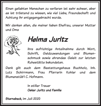 Traueranzeige von Helma Juritz von Märkische Oderzeitung