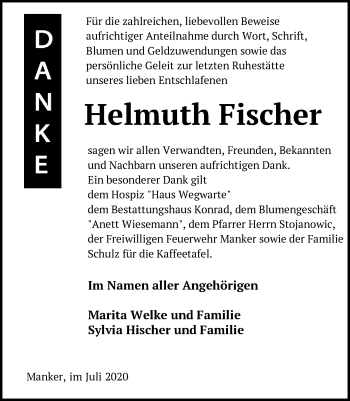 Traueranzeige von Helmuth Fischer von Märkische Oderzeitung