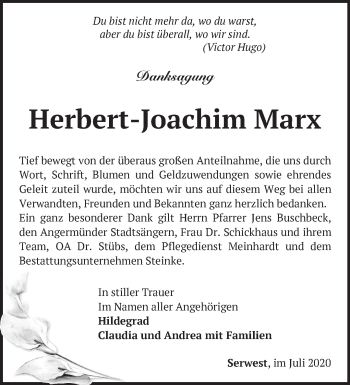 Traueranzeige von Herbert-Joachim Marx von Märkische Oderzeitung