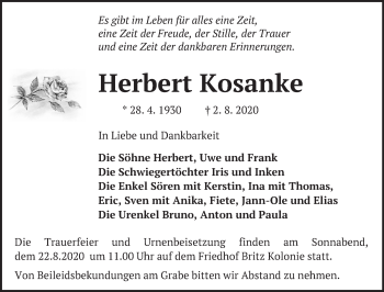 Traueranzeige von Herbert Kosanke von Märkische Oderzeitung