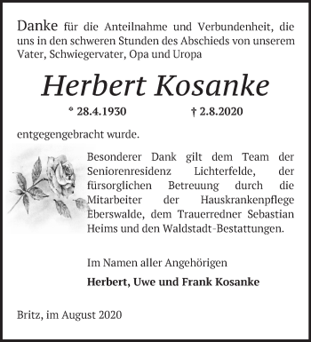 Traueranzeige von Herbert Kosanke von Märkische Oderzeitung