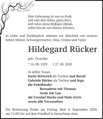 Traueranzeige von Hildegard Rücker von Märkische Oderzeitung