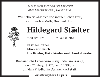 Traueranzeige von Hildegard Städter von Märkische Oderzeitung