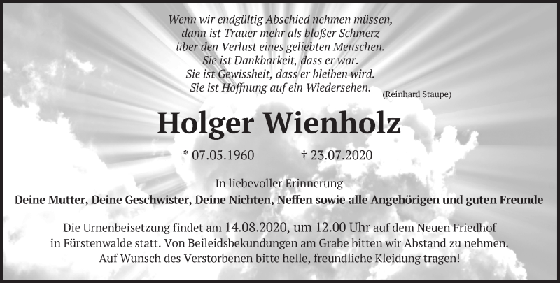  Traueranzeige für Holger Wienholz vom 01.08.2020 aus Märkische Oderzeitung