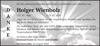 Traueranzeige von Holger Wienholz von Märkische Oderzeitung