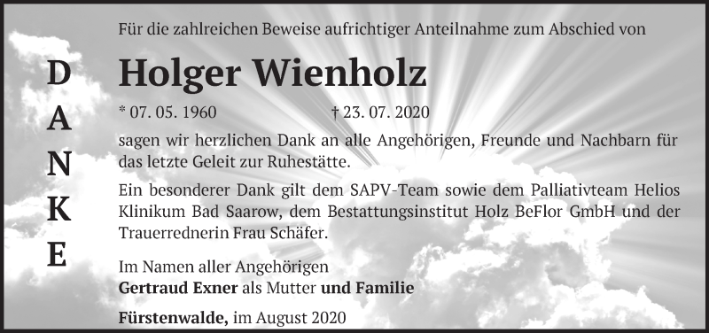  Traueranzeige für Holger Wienholz vom 29.08.2020 aus Märkische Oderzeitung