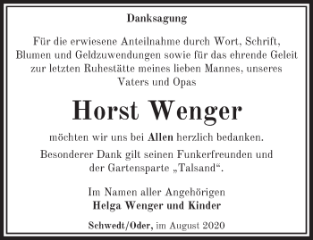 Traueranzeige von Horst Wenger von Märkische Oderzeitung