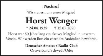 Traueranzeige von Horst Wenger von Märkische Oderzeitung