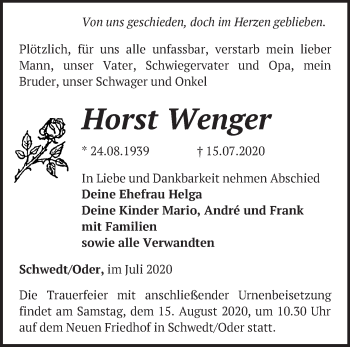 Traueranzeige von Horst Wenger von Märkische Oderzeitung