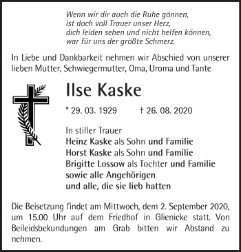 Traueranzeige von Ilse Kaske von Märkische Oderzeitung