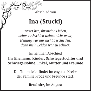 Traueranzeige von Ina  von Märkische Oderzeitung