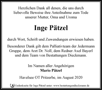 Traueranzeige von Inge Pätzel von Märkische Oderzeitung