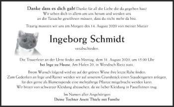 Traueranzeige von Ingeborg Schmidt von Märkische Oderzeitung