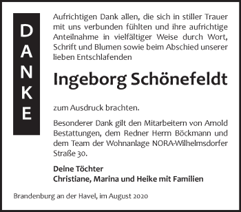 Traueranzeige von Ingeborg Schönefeldt von Märkische Oderzeitung