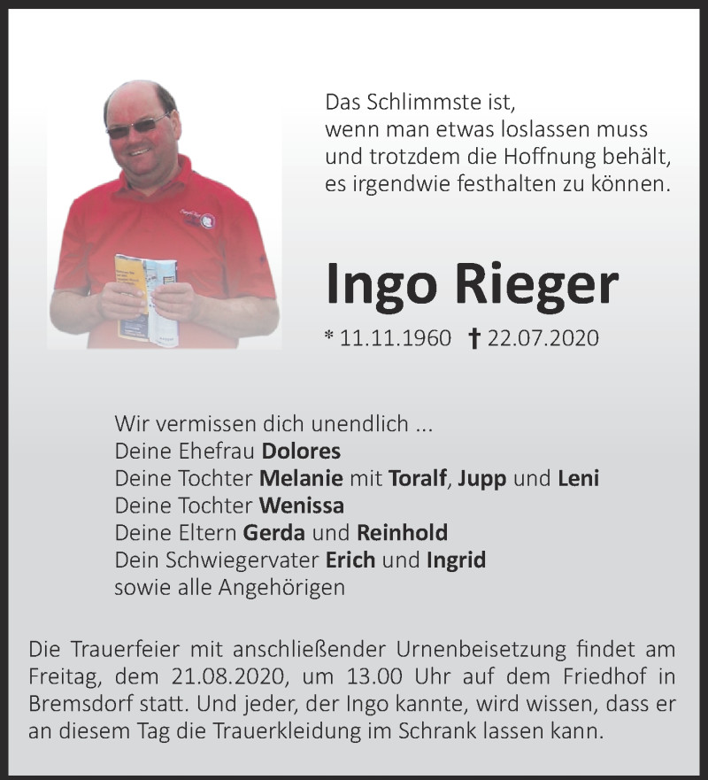  Traueranzeige für Ingo Rieger vom 01.08.2020 aus Märkische Oderzeitung