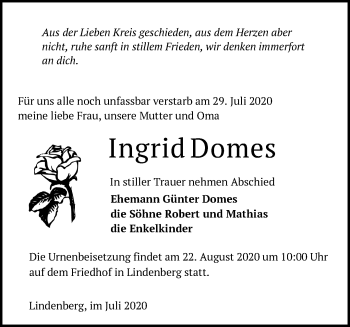 Traueranzeige von Ingrid Domes von Märkische Oderzeitung