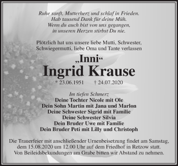 Traueranzeige von Ingrid Krause von Märkische Oderzeitung