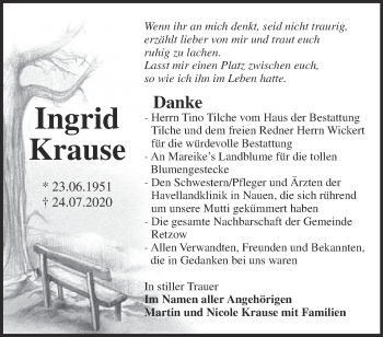 Traueranzeige von Ingrid Krause von Märkische Oderzeitung