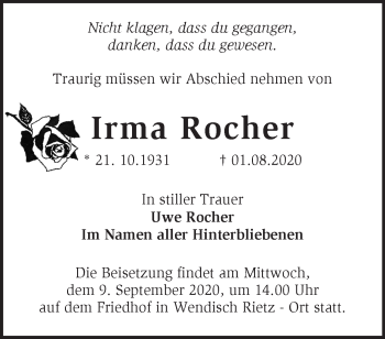 Traueranzeige von Irma Rocher von Märkische Oderzeitung