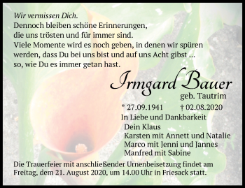 Traueranzeige von Irmgard Bauer von Märkische Oderzeitung