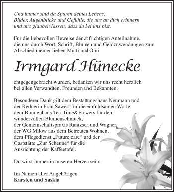 Traueranzeige von Irmgard Hünecke von Märkische Oderzeitung