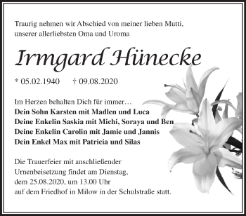 Traueranzeige von Irmgard Hünecke von Märkische Oderzeitung