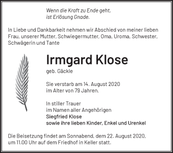 Traueranzeige von Irmgard Klose von Märkische Oderzeitung