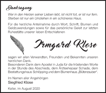 Traueranzeige von Irmgard Klose von Märkische Oderzeitung