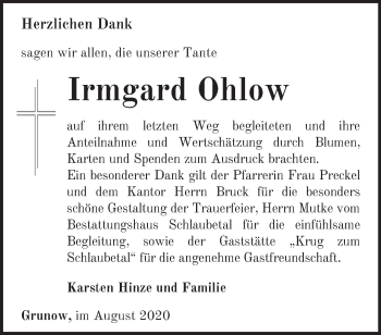 Traueranzeige von Irmgard Ohlow von Märkische Oderzeitung