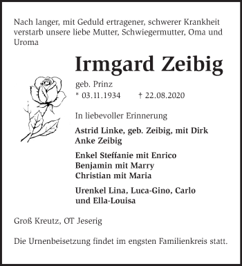 Traueranzeige von Irmgard Zeibig von Märkische Oderzeitung