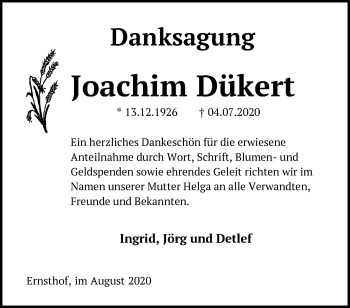 Traueranzeige von Joachim Dükert von Märkische Oderzeitung