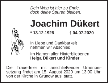 Traueranzeige von Joachim Dükert von Märkische Oderzeitung