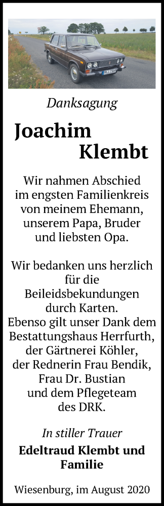 Traueranzeige von Joachim Klembt von Märkische Oderzeitung