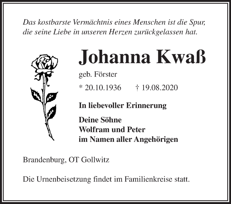  Traueranzeige für Johanna Kwaß vom 30.08.2020 aus Märkische Oderzeitung